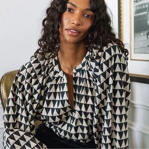 Cleobella Metallic Geometric Puff Sleeve Blouse S Cream Black Gold